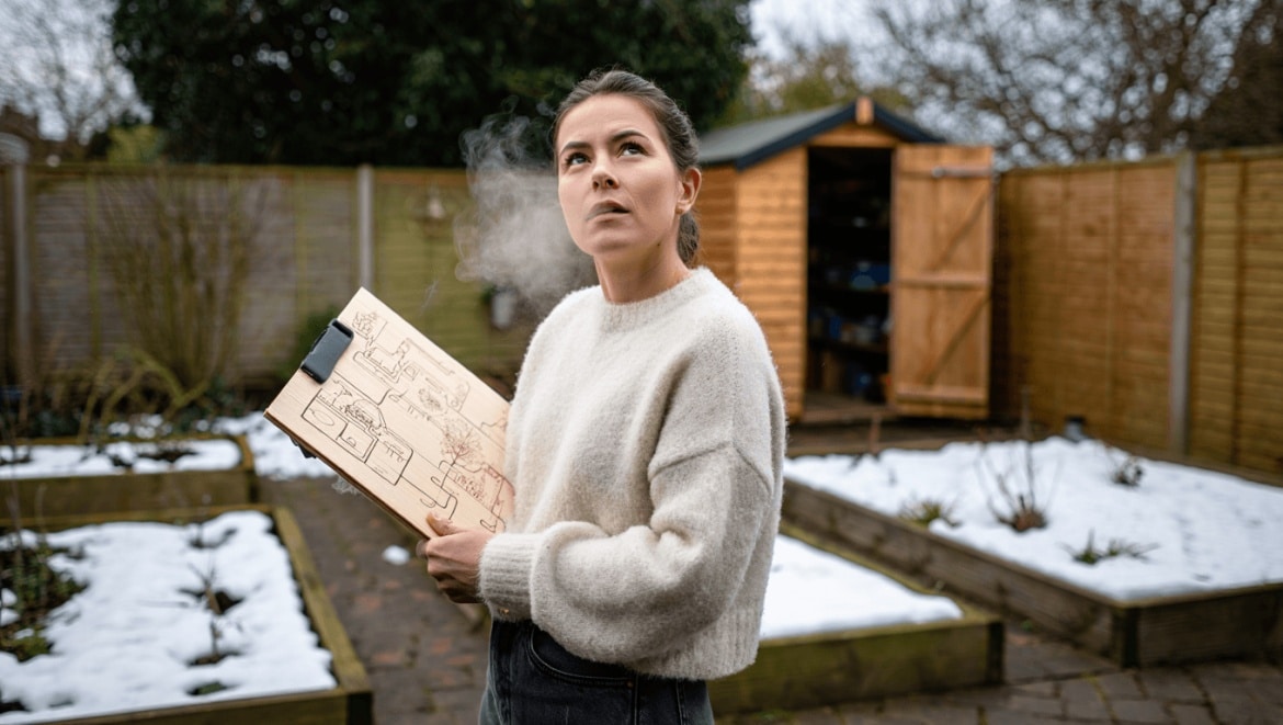 A garden plan mapped out on a notebook shows two raised bed gardens.