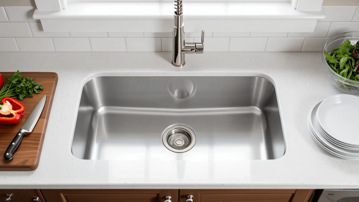 Une personne choisissant un évier dans un magasin touche le robinet