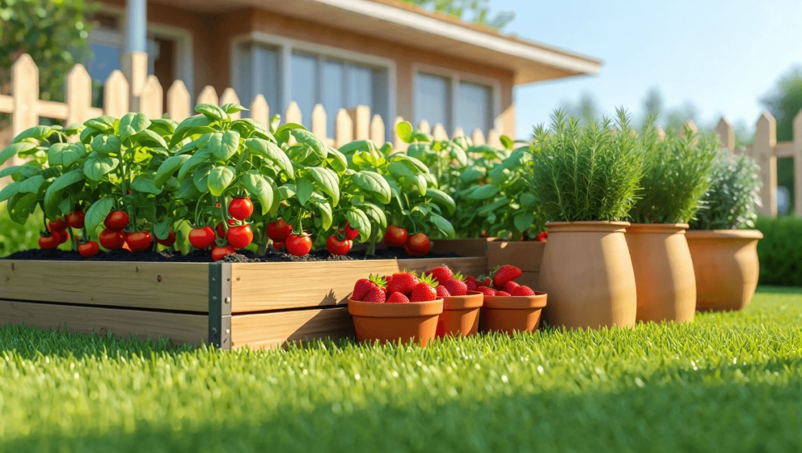 A man waters a raised bed, with a container garden behind him.