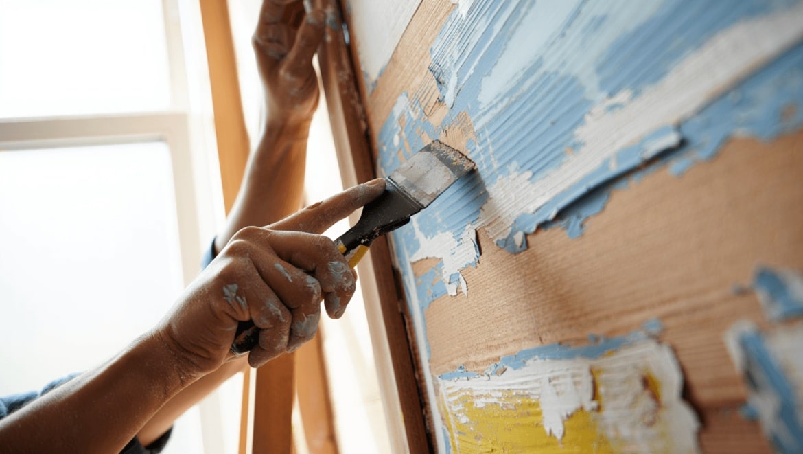 Gros plan sur une personne décapant de la peinture avec une spatule