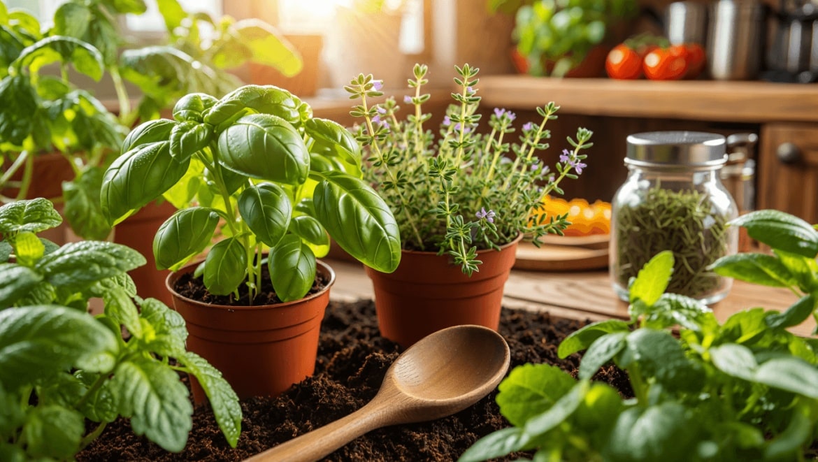 How to Start an Herb Garden: herbs in ceramic container on deck