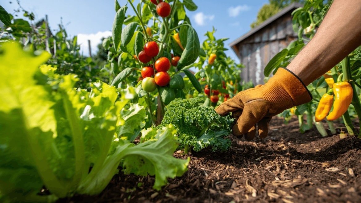 A couple kneels to inspect their vegetable garden, along with their schnauzer.