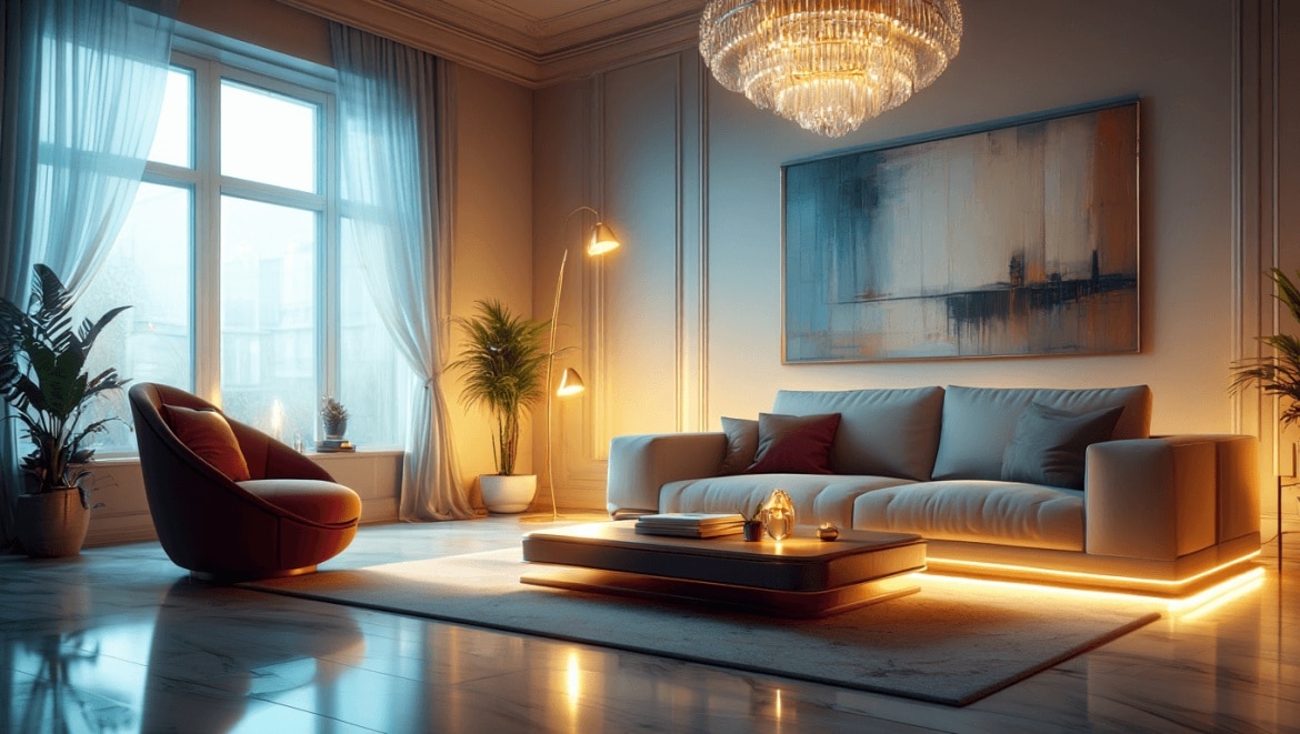 Cozy elegant living room with warm lighting, vintage-style furniture, and a brick fireplace, showcasing interior design inspiration from Chris Loves Julia.