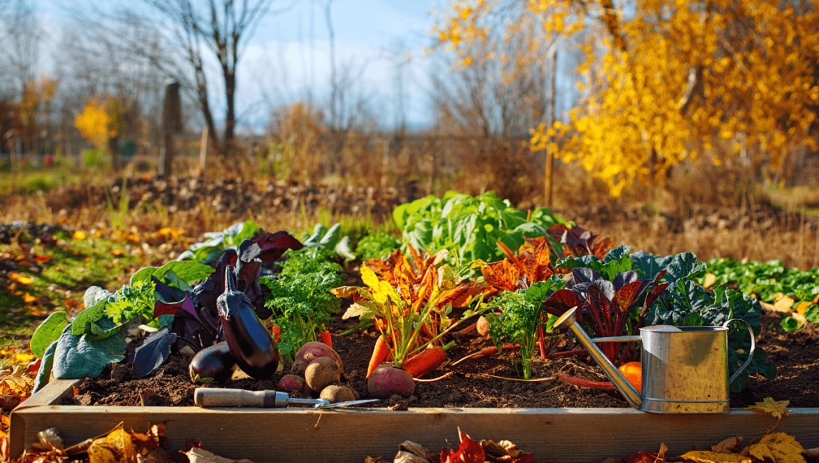 Wooden basket full of fresh, organic vegetables