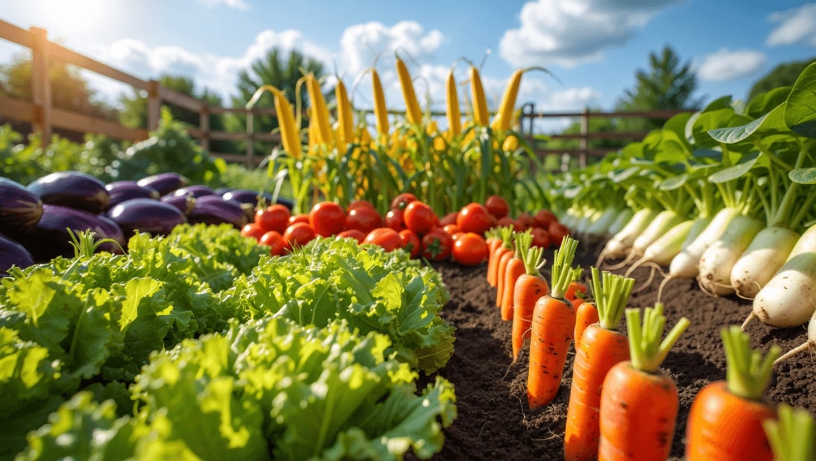 Easy Vegetables to Grow: green and red leaf lettuces planted with cilantro and annual flowers in cement birdbath