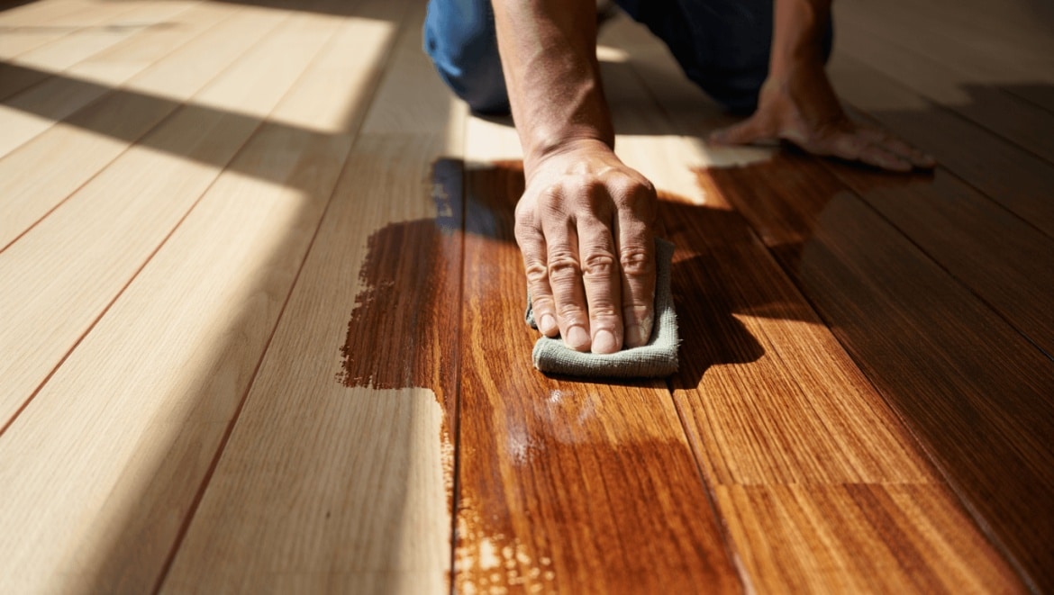 Une femme marche pieds nus sur la pointe des pieds dans une pièce en parquet
