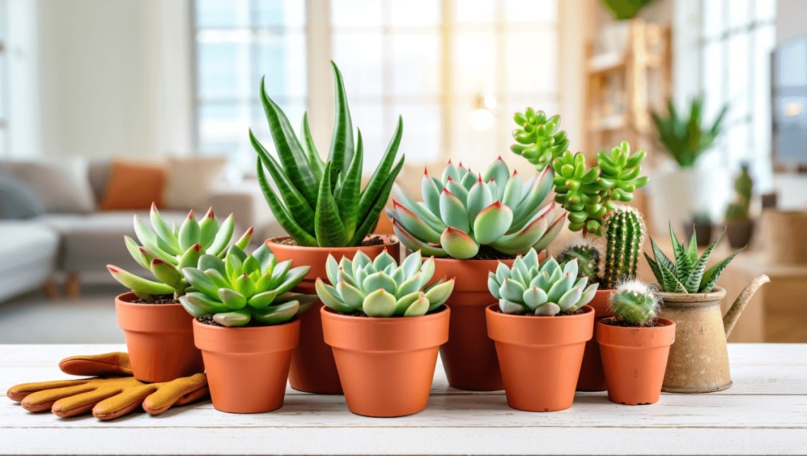 A close-up of four ceramic pots filled with succulents, including a mixed succulent pot housing several varieties.