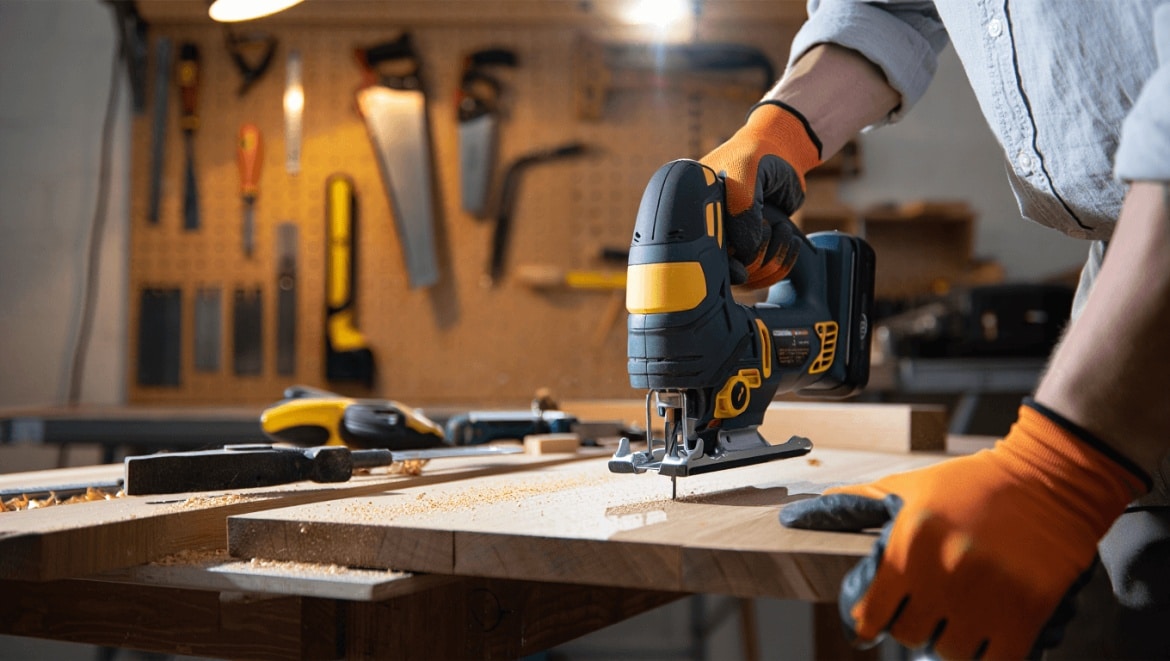 Une scie sauteuse et un mètre ruban posés sur une table dans un atelier