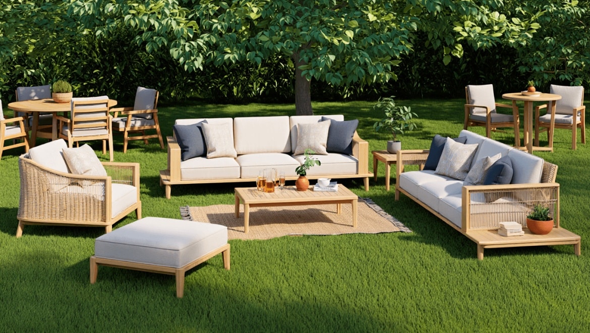 Outdoor sofa with two people and a dog, set against a brick house exterior, showcasing a cozy and stylish outdoor living space perfect for relaxing and entertaining.