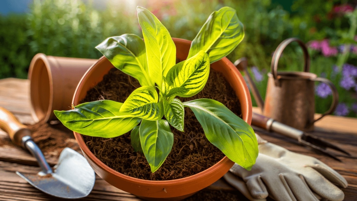 Woman planting Bonnie transplant in raised bed
