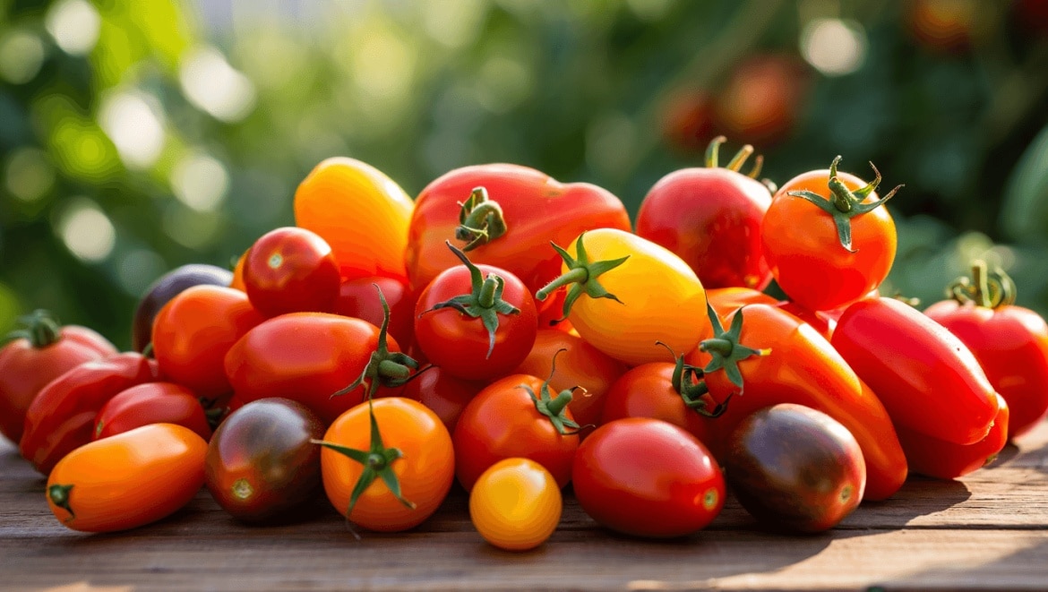 Different Types of Tomatoes: mixed varieties of tomatoes on wooden tray