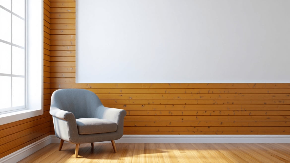 Différents objets de décoration dans une pièce avec un mur en lambris gris