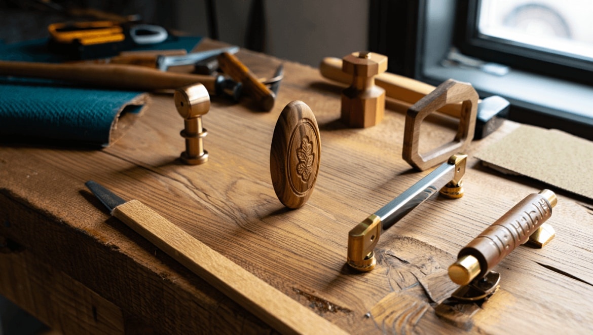 Focus sur les petits boutons en laiton des tiroirs d'une cuisine gris