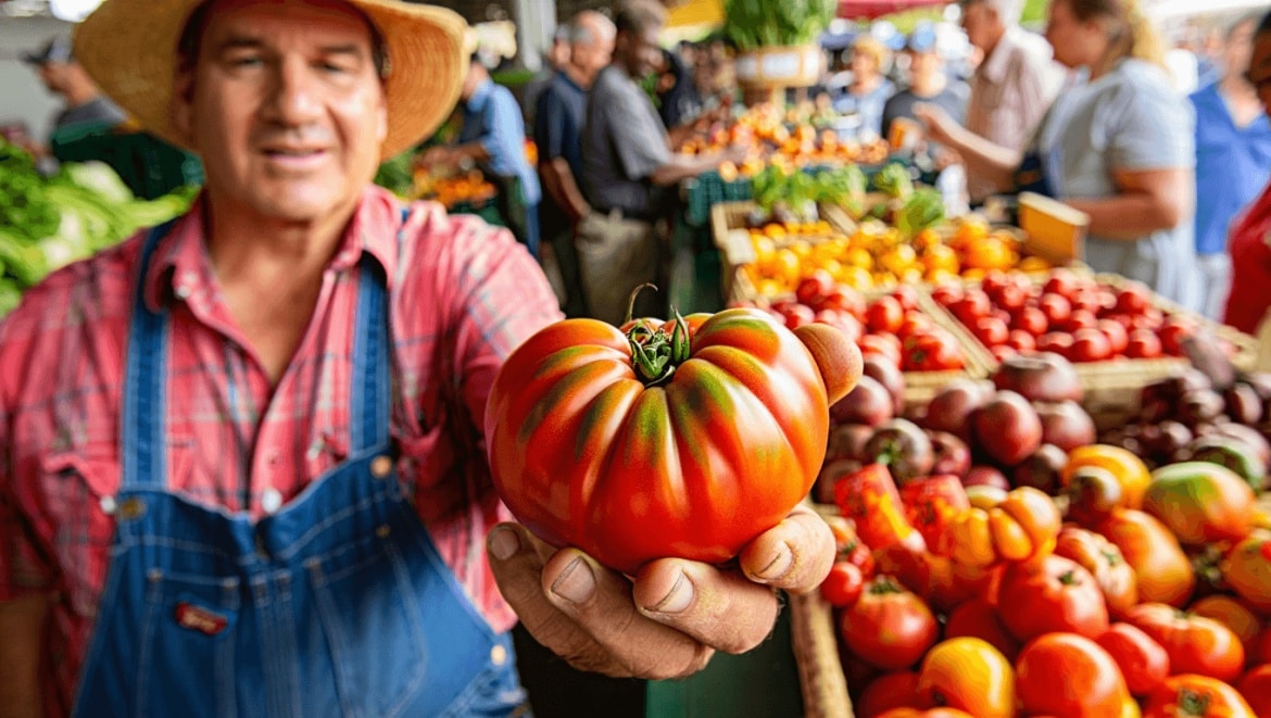 Growing Heirloom Tomatoes: hand holding trio of heirloom tomatoes