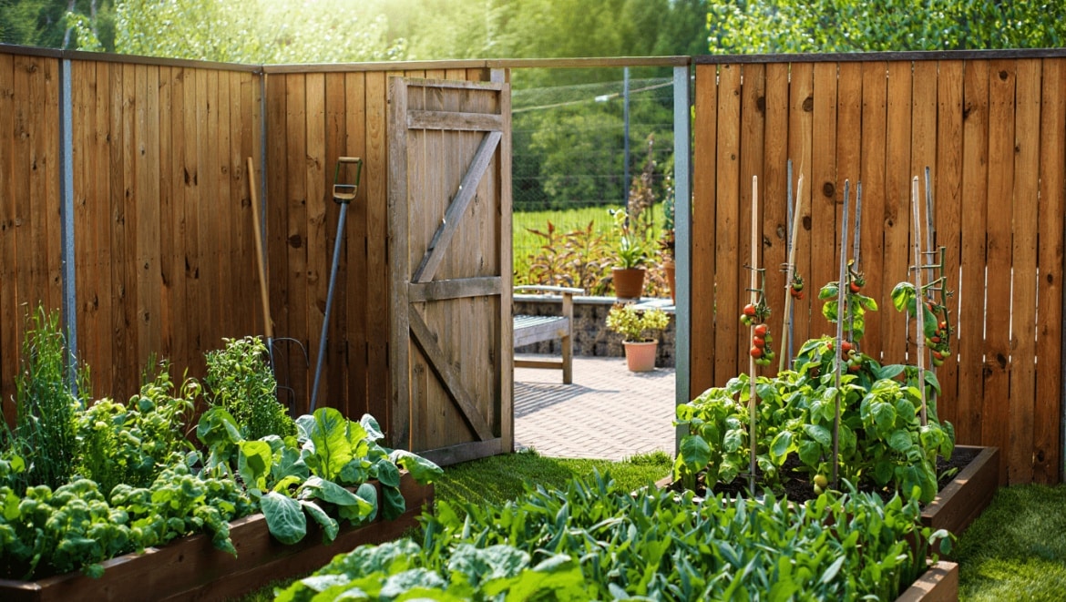 Screened Garden: rock wall and wood fence
