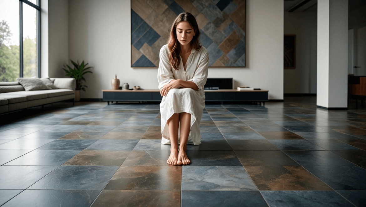 Bronze & white marble effect peel-and-stick floor tiles in a moody dining room
