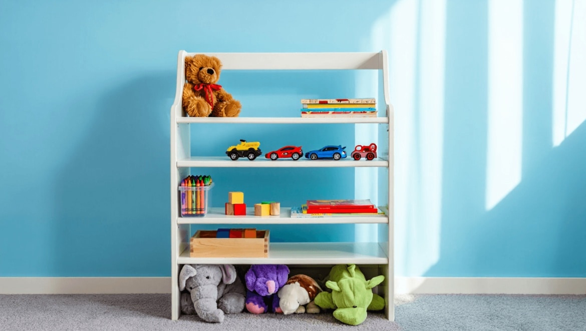 A beautiful, reeded organizer from Wayfair that turns Faye’s hobby supplies into a versatile design feature.