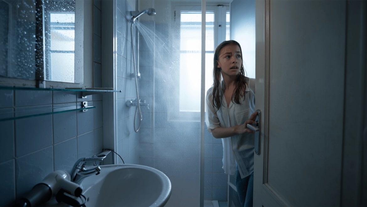 Salle de bain de couleur gris sans fenêtre