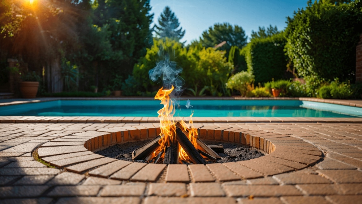 Sunken fire pit with herringbone brick floor and black adirondack chairs