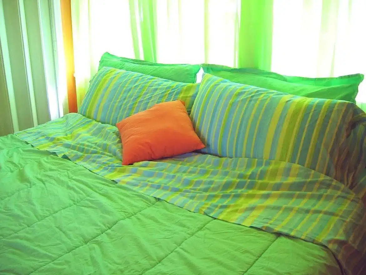 Chambre lumineuse avec parois et plafond vitrés, lit minimaliste, vue sur jardin flou