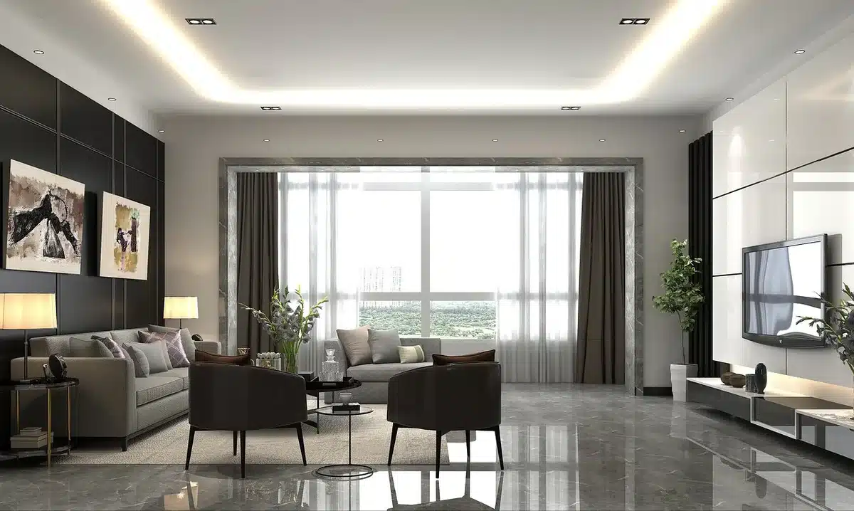 Canapé et fauteuils dans un salon moderne en promotion